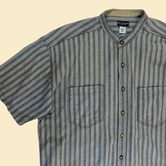 Vintage 1990s XL men's collarless shirt, purple/blue Basic Equipment Clothing Co - Picture 6 of 8